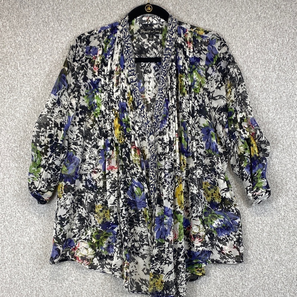 Elizabeth & James silk cardigan blouse S floral single button roll tabs pin tuck - Picture 3 of 12